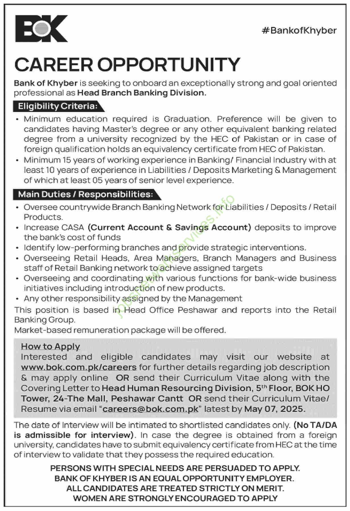 Bank of Khyber BOK Jobs 2025 for Head Branch Banking Division