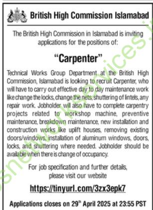 British High Commission Islamabad BHI Jobs 2025 Carpenter