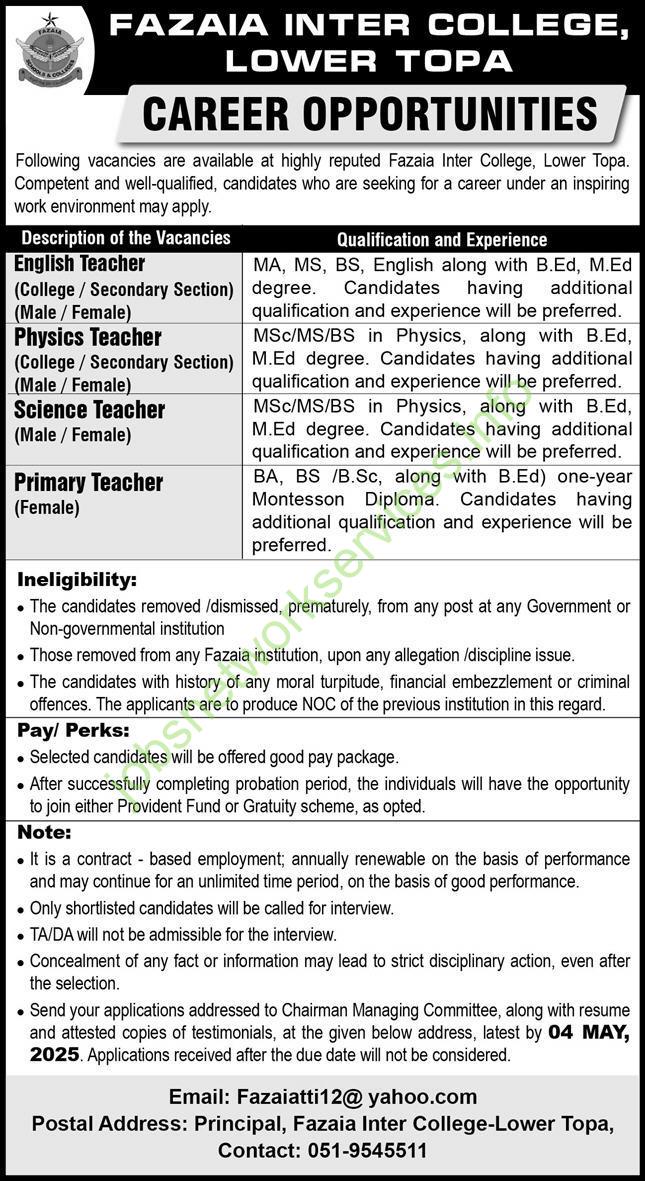 Fazaia Inter College Lower Topa Jobs 2025 for School Teachers