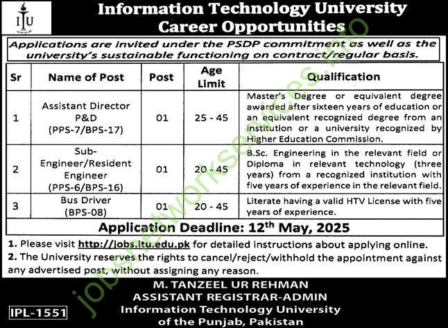 Information Technology University ITU Jobs 2025 for Assistant Director, Engineer, Bus Driver