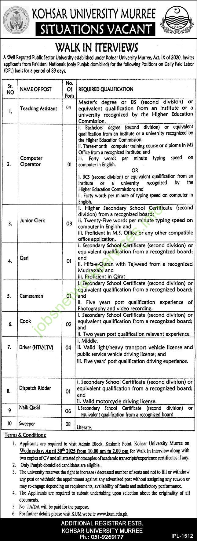 Kohsar University Murree KUM Jobs 2025 Wal in Interviews