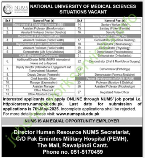 National University of Medical Sciences NUMS Jobs 2025 Apply Now