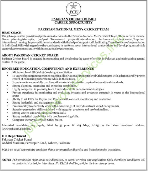 Pakistan Cricket Board PCB Jobs 2025 for Head Coach