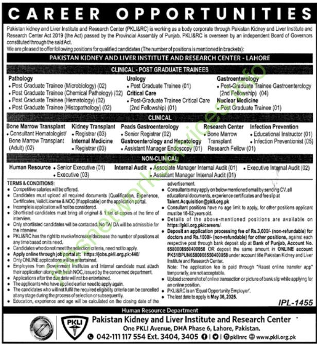 Pakistan Kidney & Liver Institue & Research Center PKLI Jobs 2025