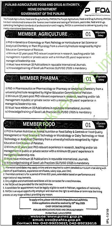 Punjab Agriculture Food & Drug Authority Home Department Punjab Jobs 2025