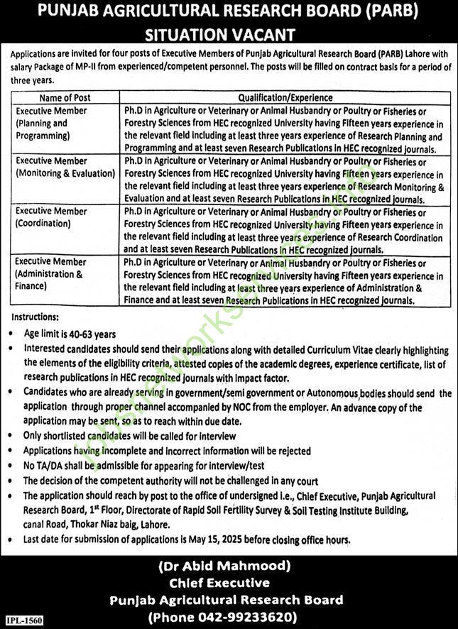 Punjab Agriculture Research Board PARB Jobs 2025