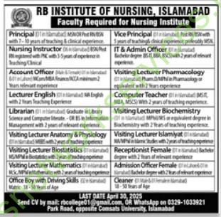 RB Institute of Nursing Islamabad Jobs 2025