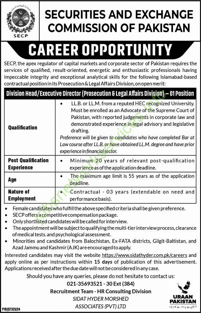 Securities & Exchange Commission of Pakistan SECP Jobs 2025 for Division Head-Executive Director