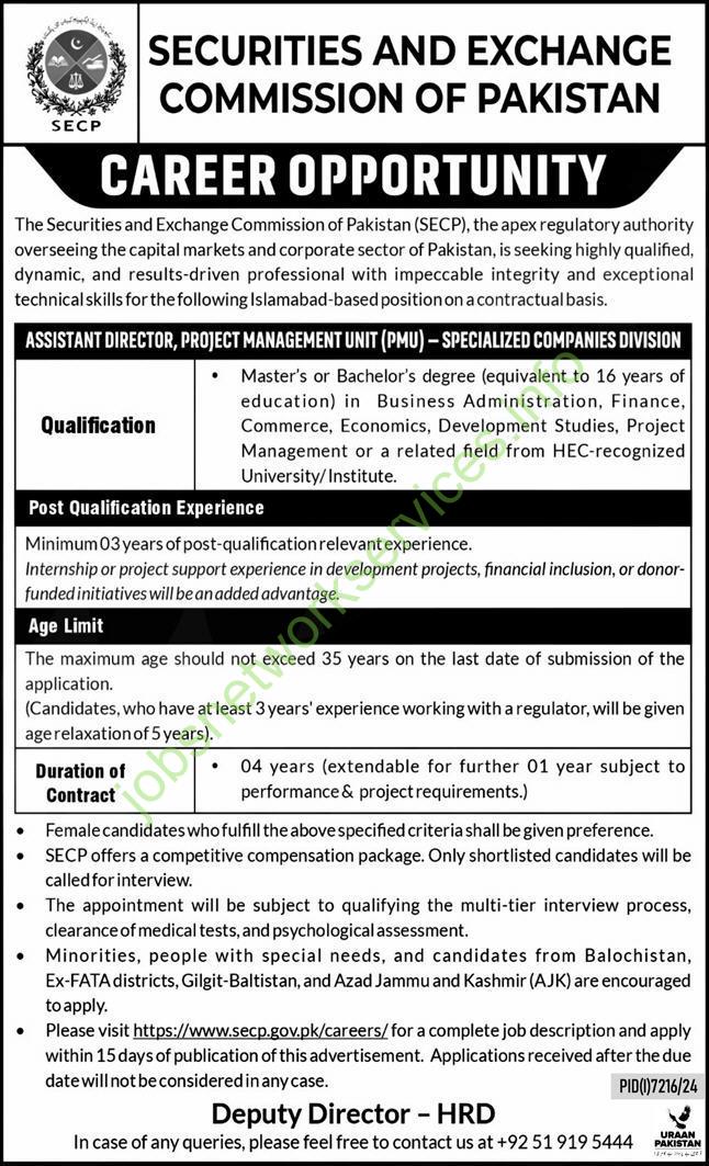 Securities and Exchange Commission of Pakistan (SECP) Jobs for Assistant Director