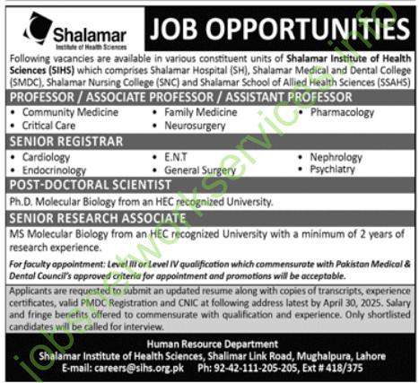 Shalamar Insittute of Health Sciences SIHS New Jobs 2025