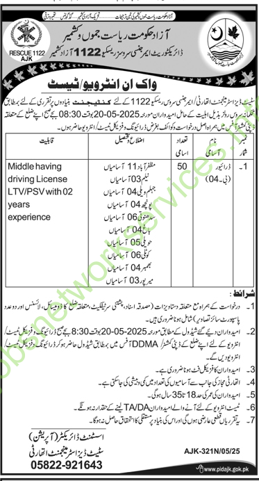AJK Emergency Services Rescue 1122 Jobs 2025