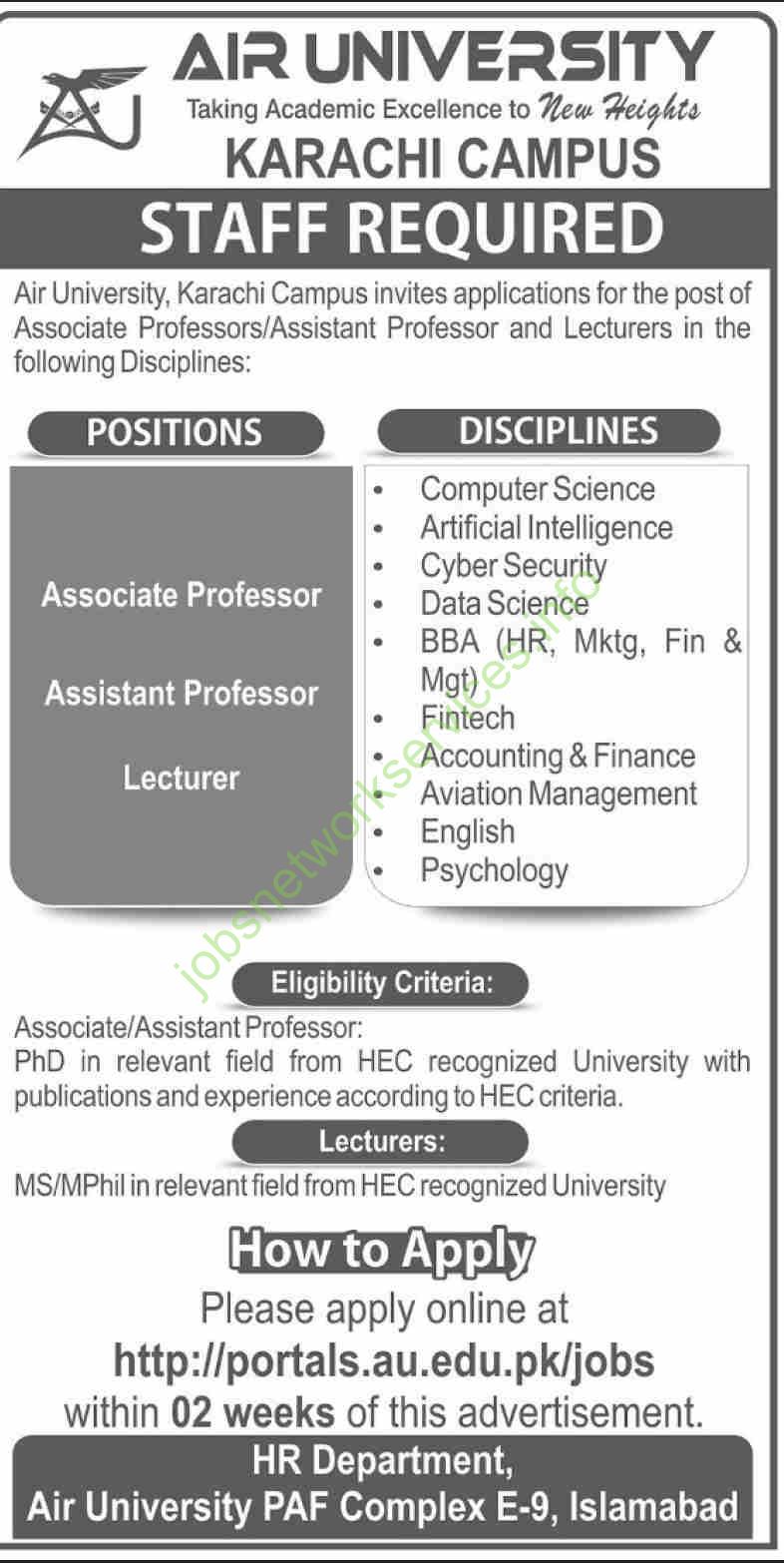 Air University Karachi Campus Jobs 2025 Latest Staff Required