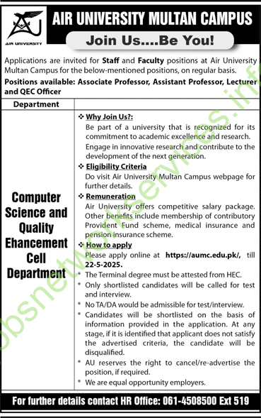 Air University Multan Campus Jobs 2025