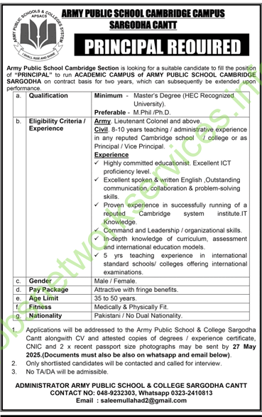 Army Public School Cambridge Campus Sargodha Jobs 2025