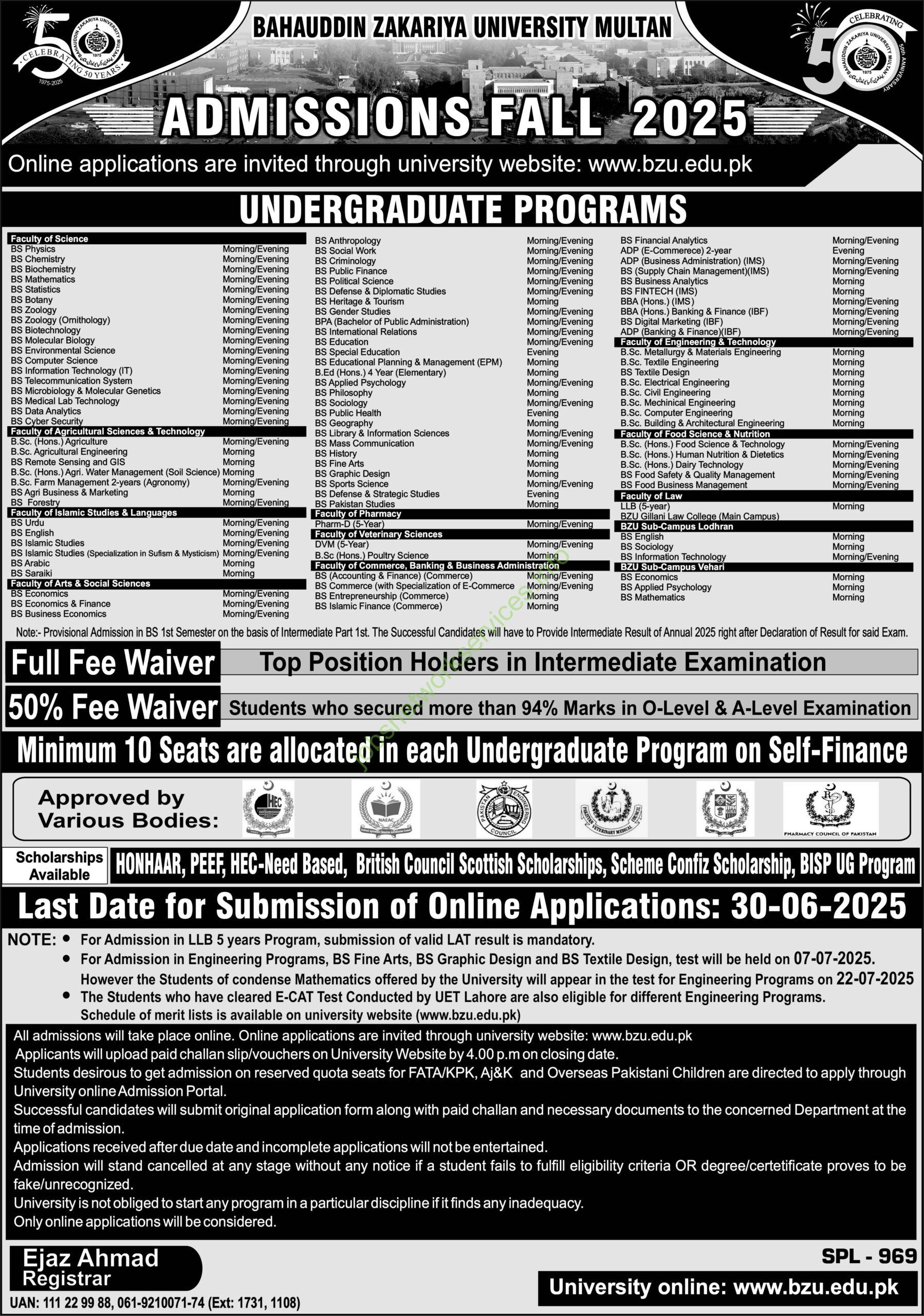 Bahauddin Zakariya University Multan Admission Fall 2025 Online Application Apply