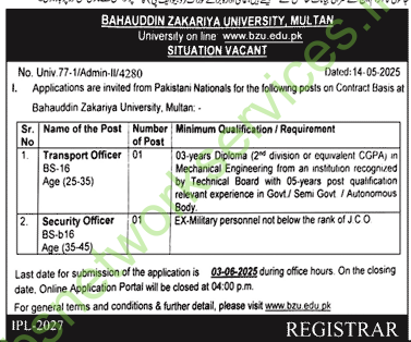 Bahauddin Zakariya University Multan Jobs 2025 Latest BZU Jobs