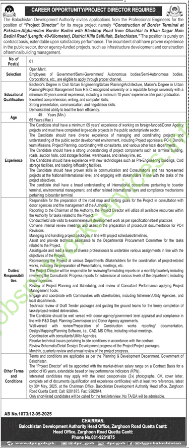 Balochistan Development Authority BDA Jobs 2025
