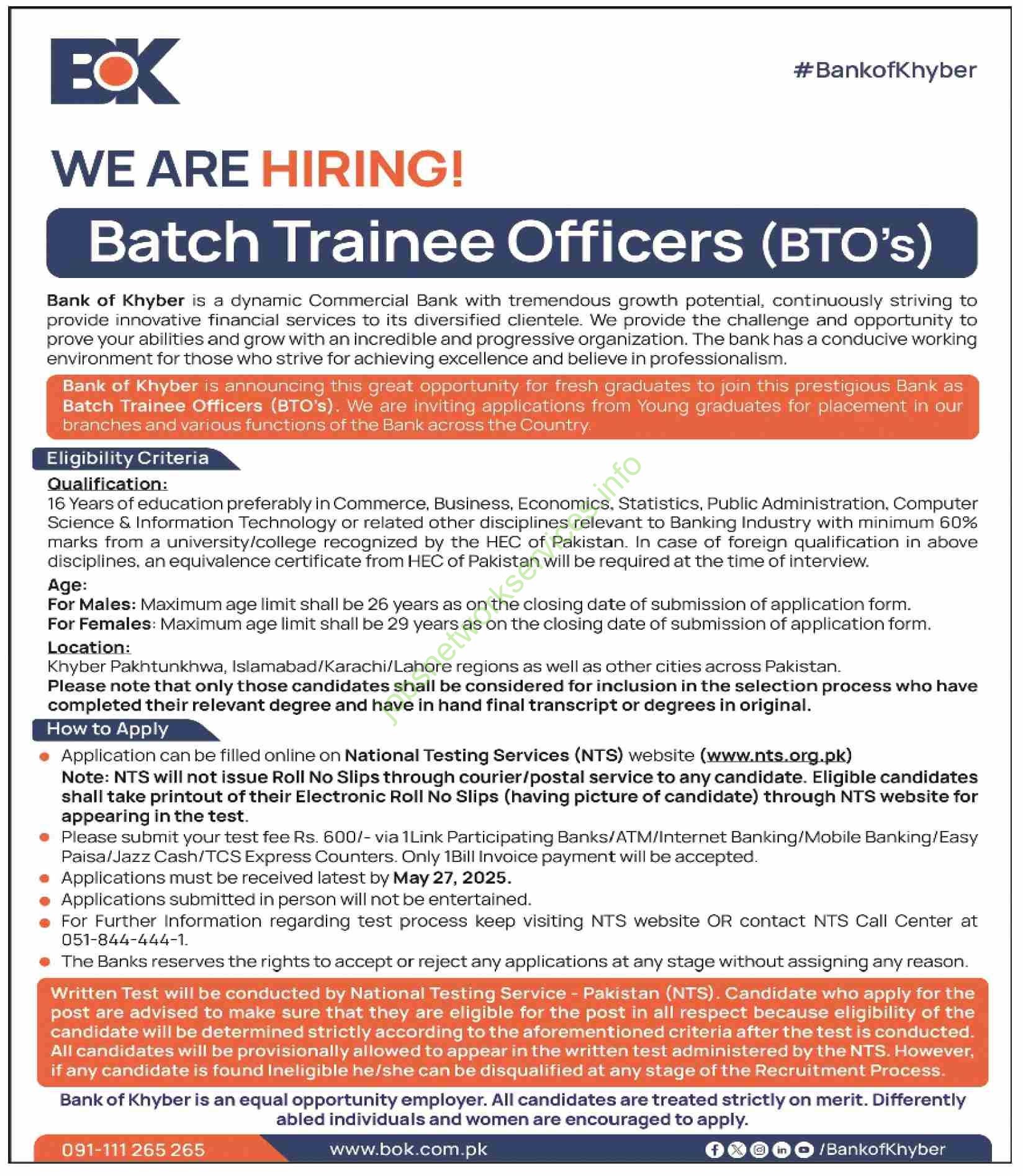 Bank of Khyber – Career Opportunity: Batch Trainee Officers (BTOs)
