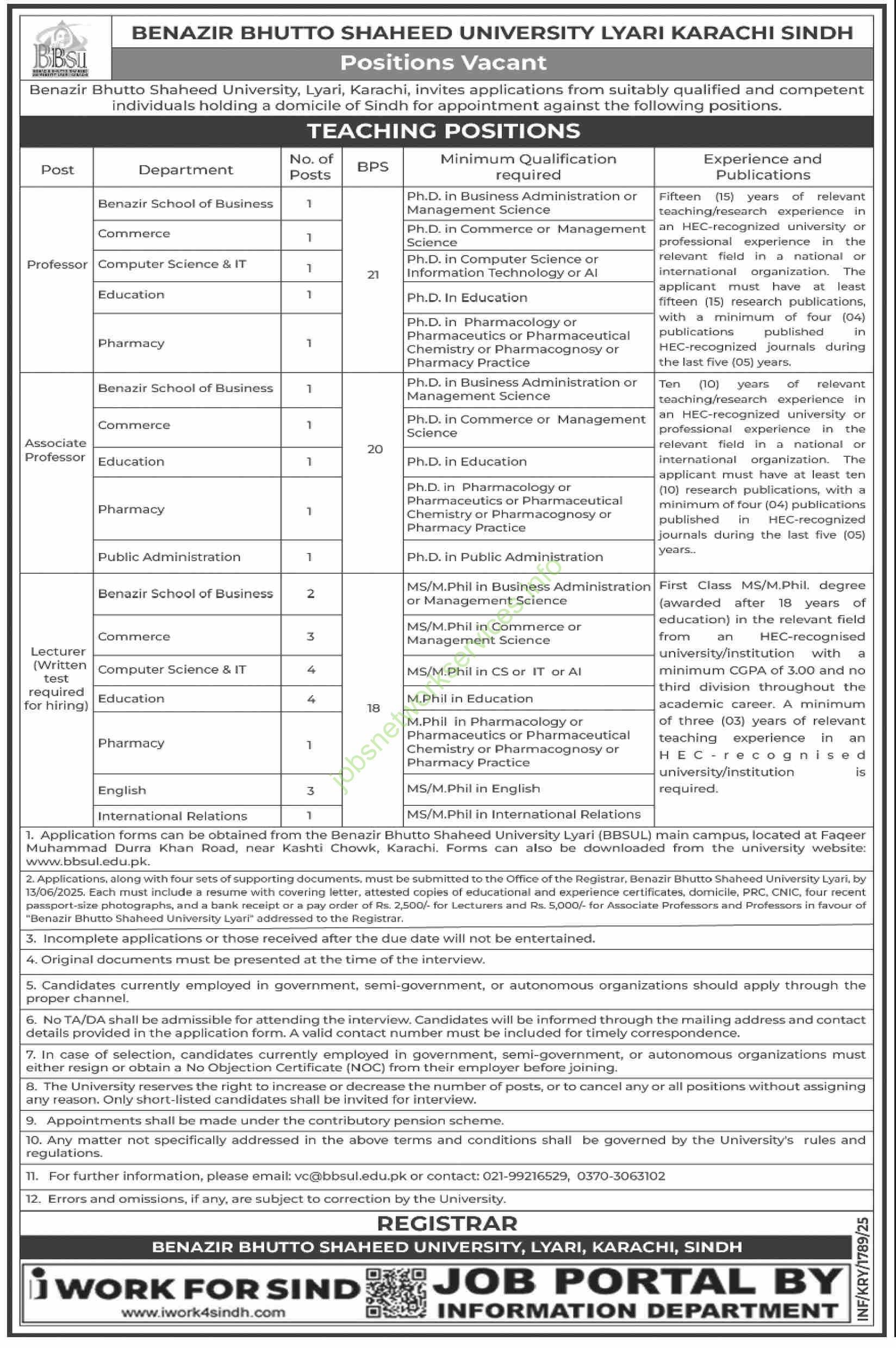 Benazir Bhutto Shaheed University Lyari Karachi Sindh Jobs 2025