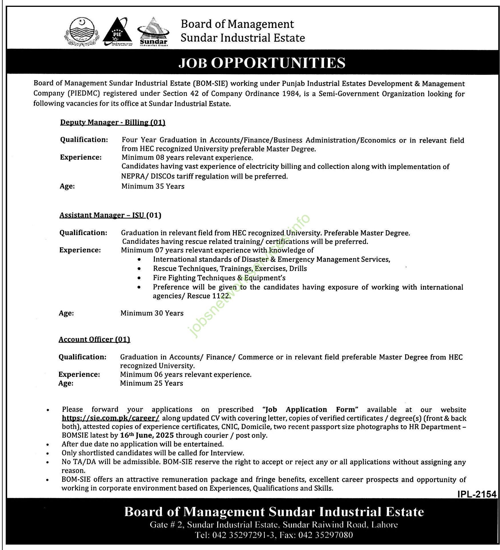 Board of Management Sundar Industrial Estate Lahore Jobs 2025 Latest SIE Jobs
