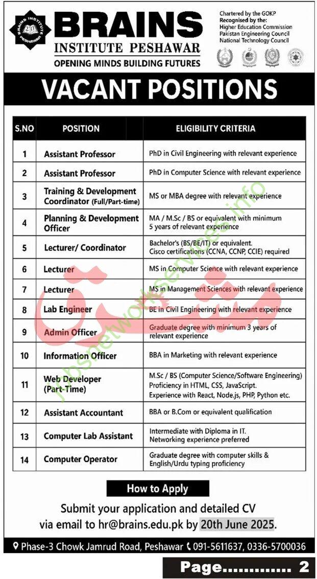 Brains Institute Peshawar Jobs 2025