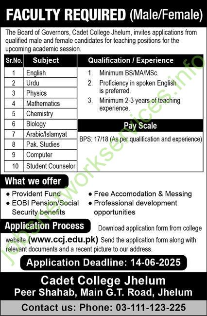 Cadet College Jhelum Faculty Recruitment Announcement