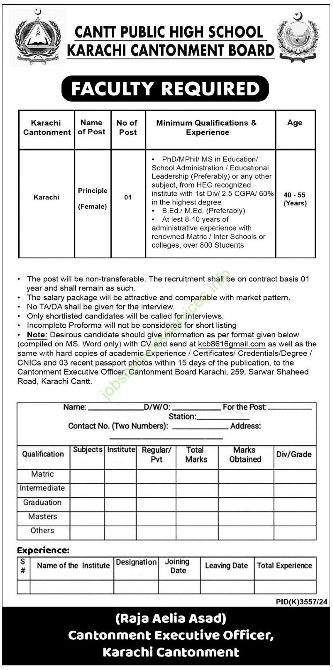Cantt Public High School Karachi Jobs 2025 As Principal