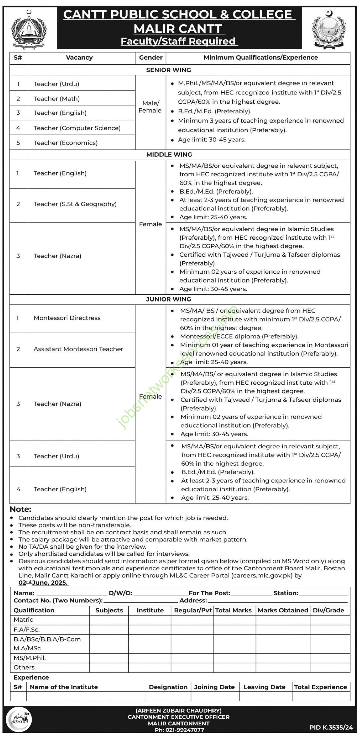 Cantt Public School & College Malir Karachi Jobs 2025