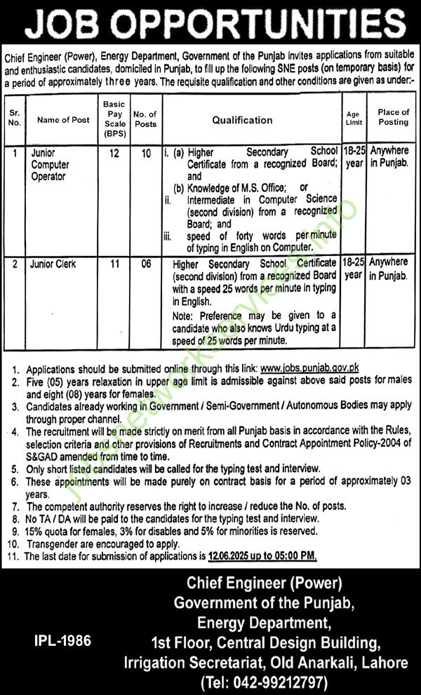 Chief Engineer (Power) Energy Department Punjab Jobs 2025