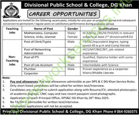 Divisional Public School & College DPSC Jobs 2025 At DG Khan