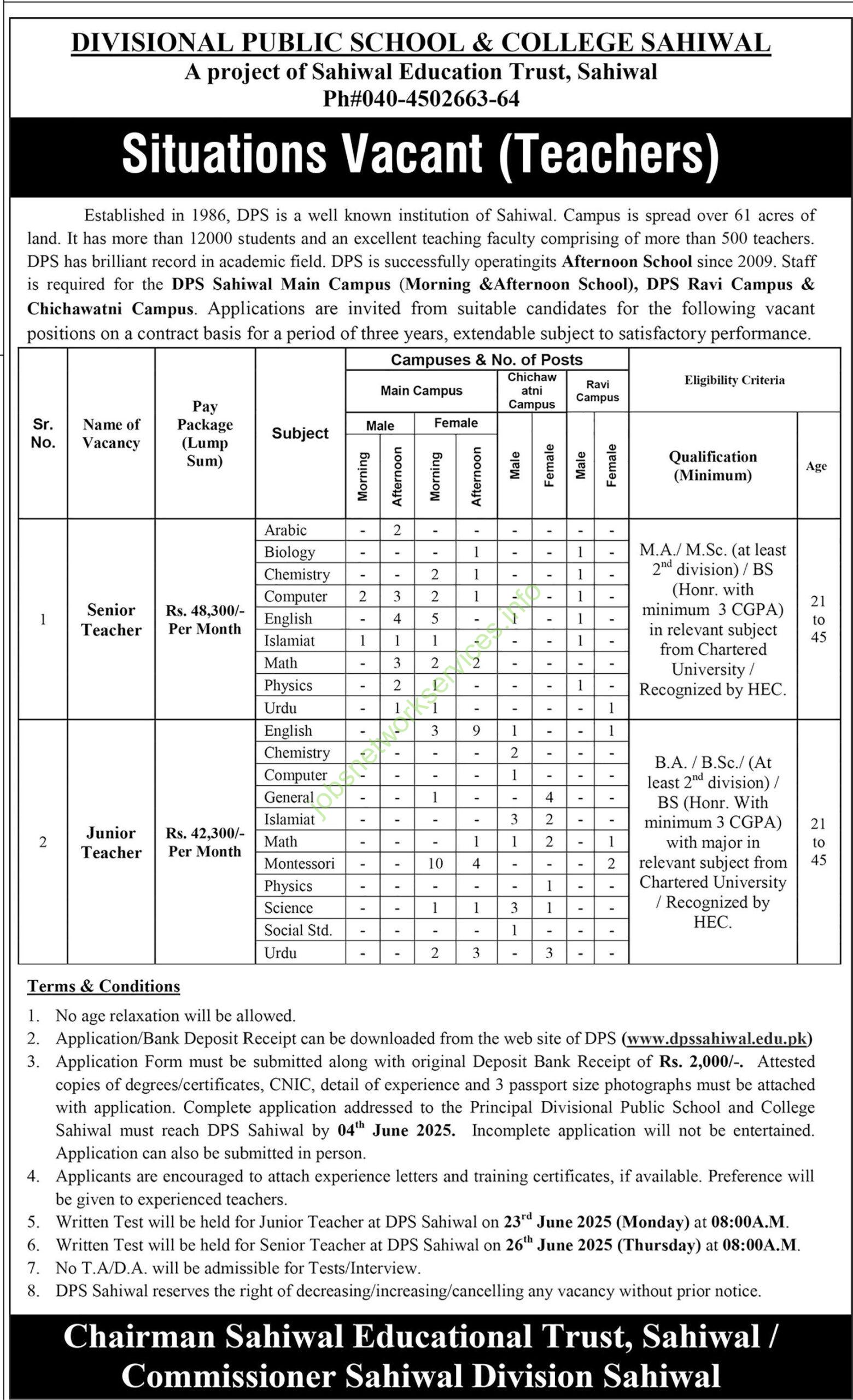 Divisional Public School & College Sahiwal Jobs 2025 Latest DPSC Jobs