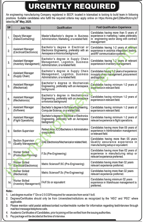 Engineering Manufacturing Company Pakistan New Jobs 2025