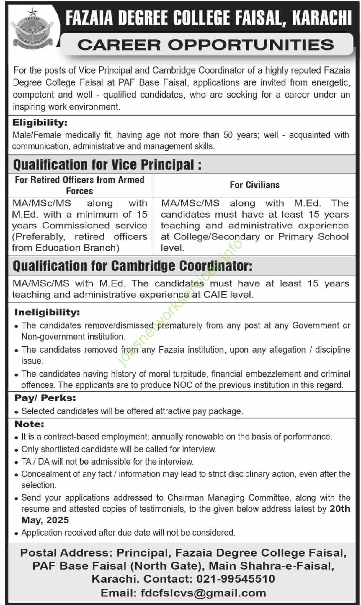 Fazaia Degree College Faisal Karachi Jobs 2025