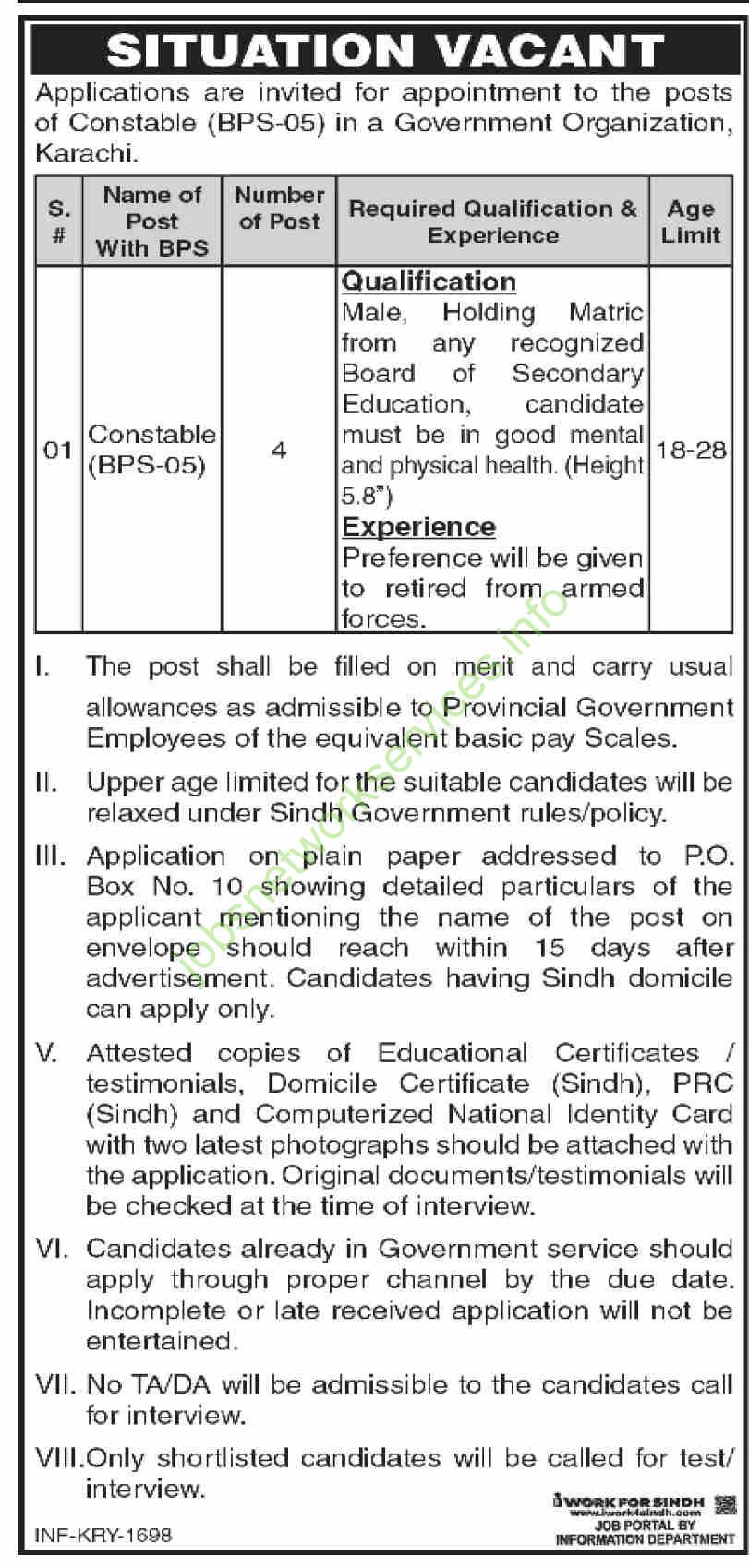 Government Organization Karachi Constables Jobs 2025