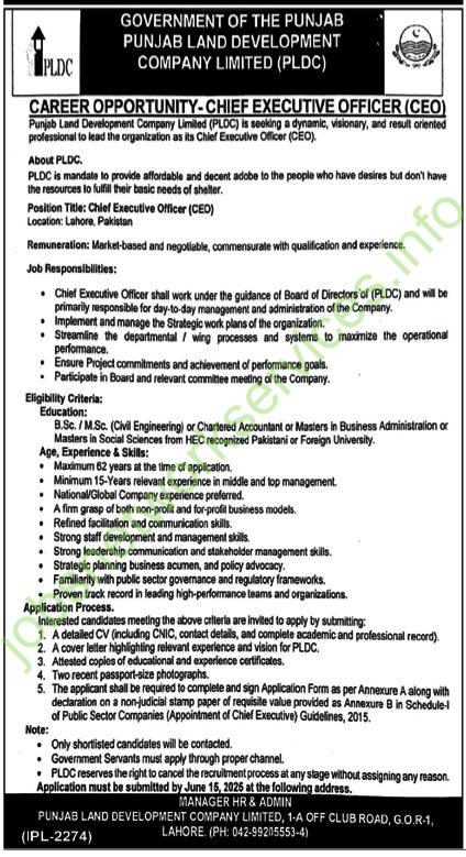 Government of the Punjab Punjab Land Development Company Limited PLDC Jobs 2025