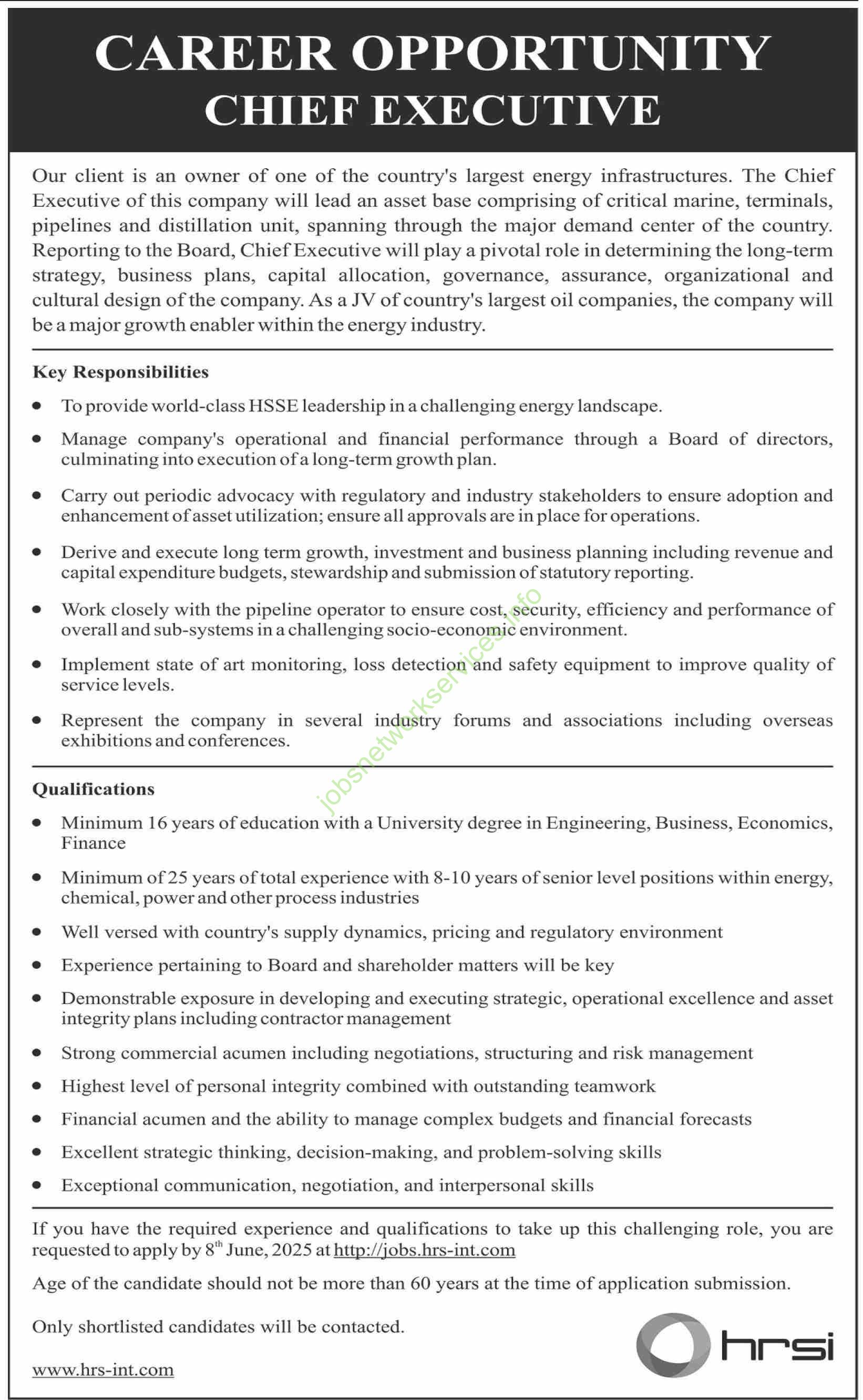 Chief Executive Officer (CEO) Opportunity – Energy Infrastructure Leader | HRS International