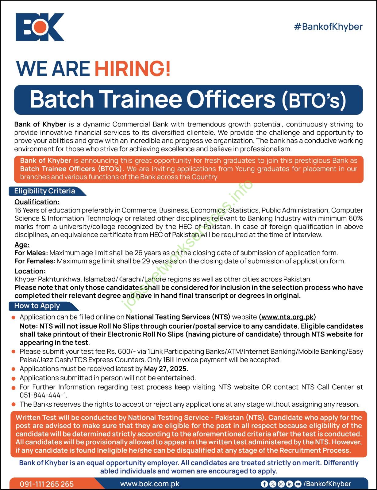 Hiring of Batch Trainee Officers (BTOs) Bank of Khyber Jobs 2025