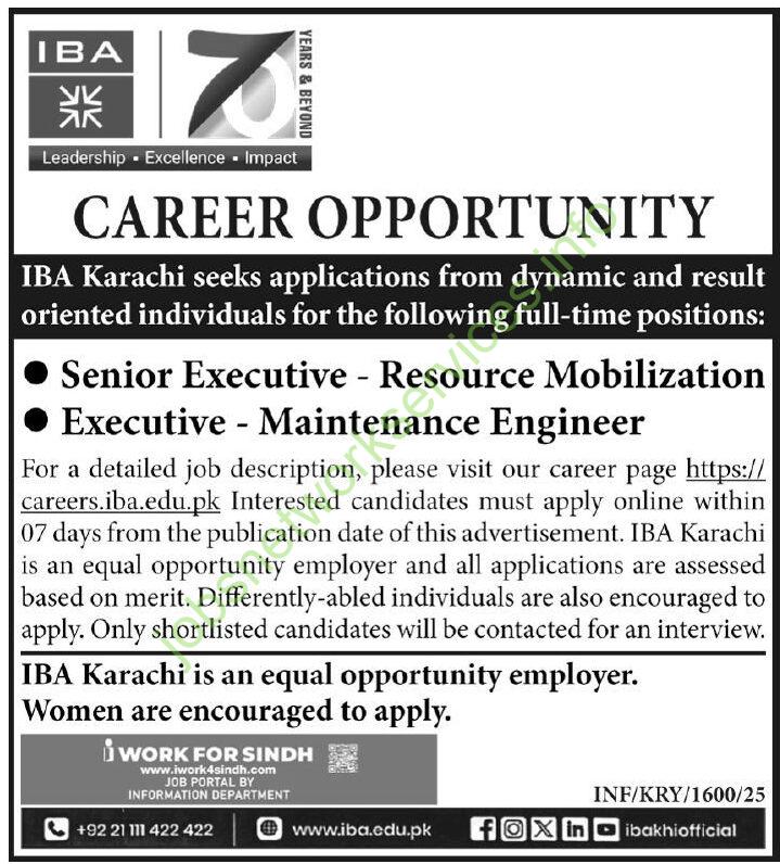 IBA Karachi Jobs 2025 for Senior Executive, Executive Maintenance Engineer