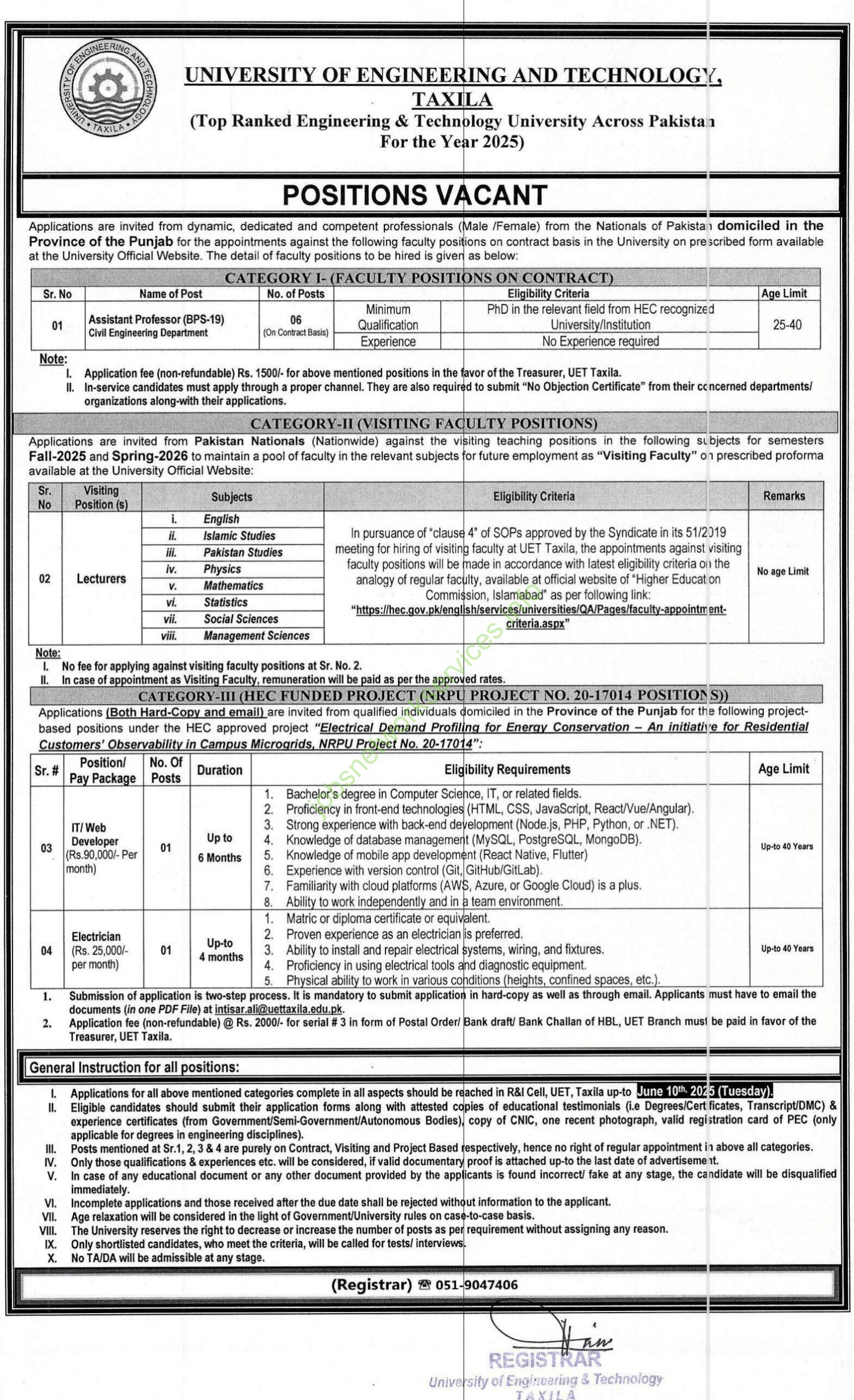 Job Advertisement University of Engineering and Technology UET Jobs 2025 at Taxila