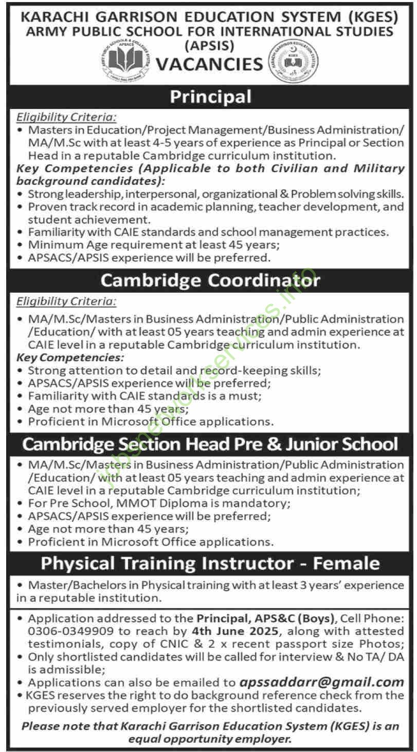 Karachi Garrison Education System KGES Jobs 2025