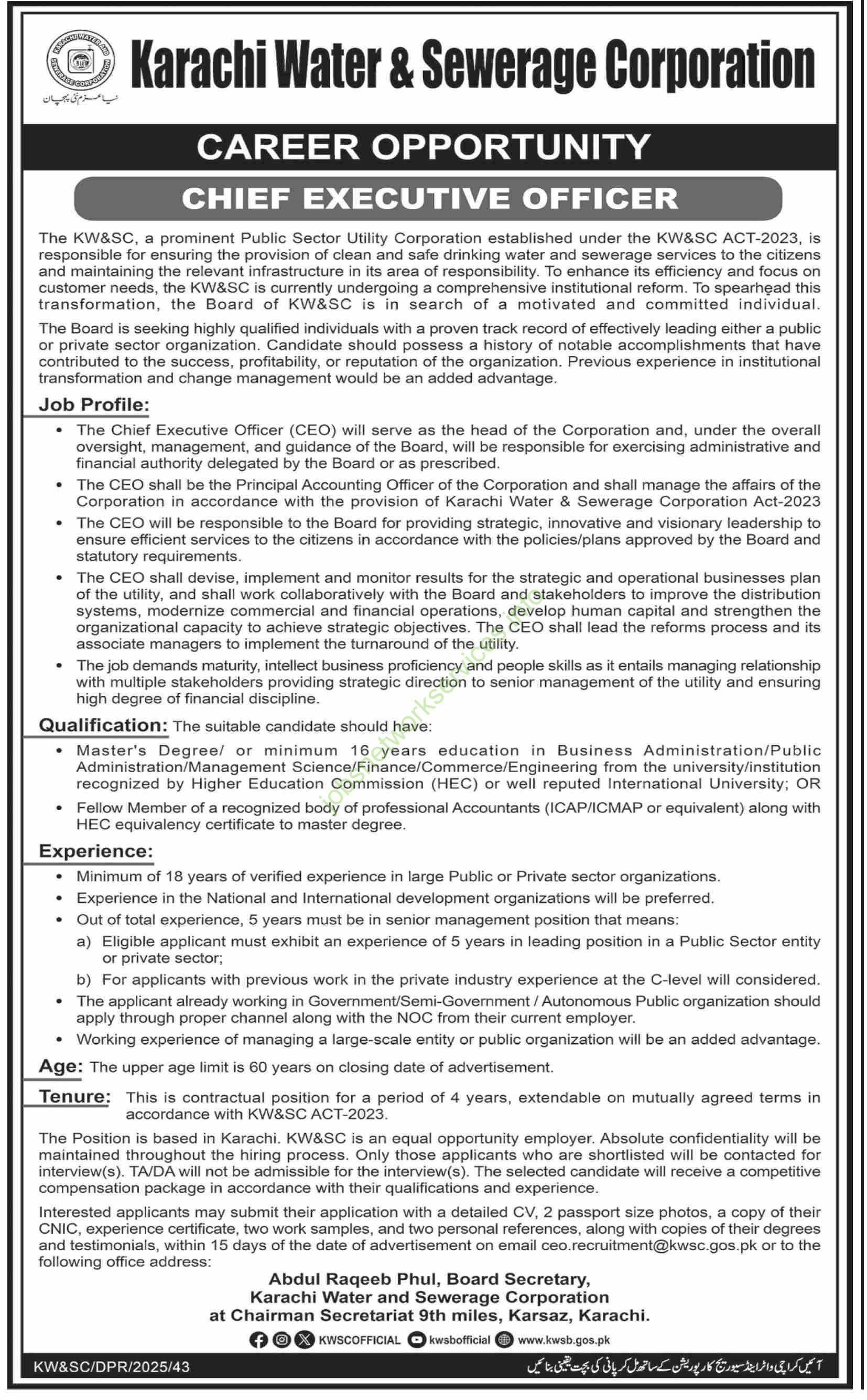 Karachi Water and Sewerage Corporation (KW & SC) Jobs 2025