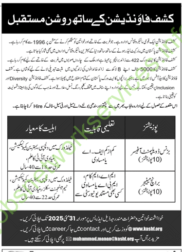 Kashf Foundation Jobs 2025 for BDO & Branch Manager 20 Posts