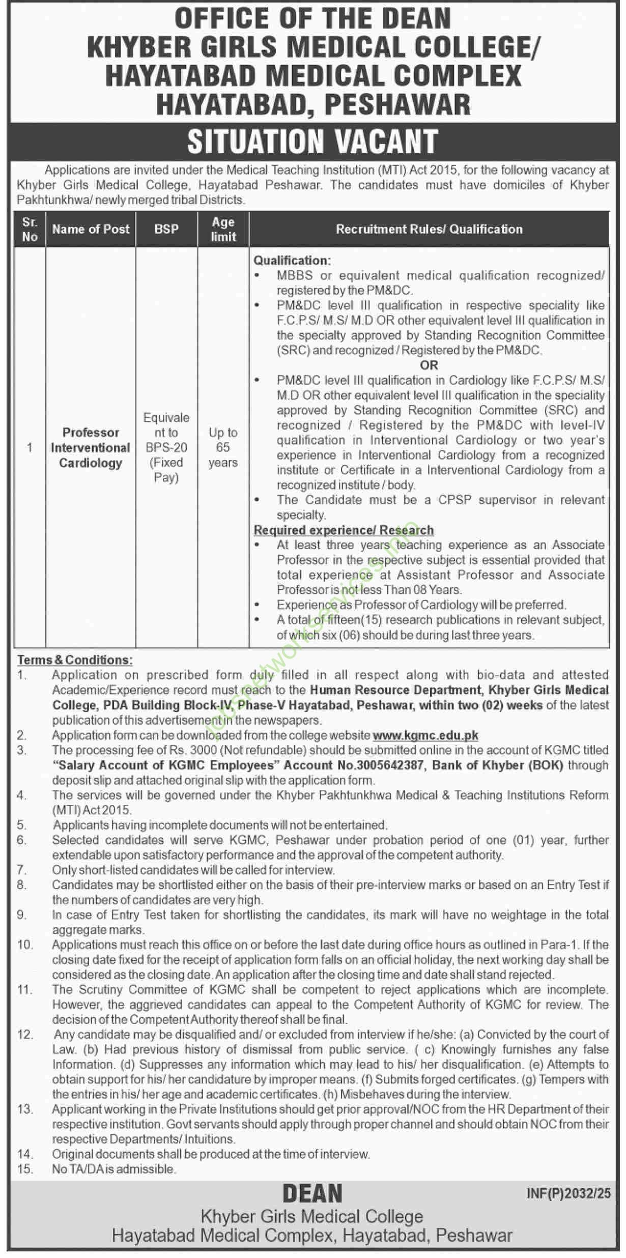 Khyber Girls Medical College KGMC Jobs 2025