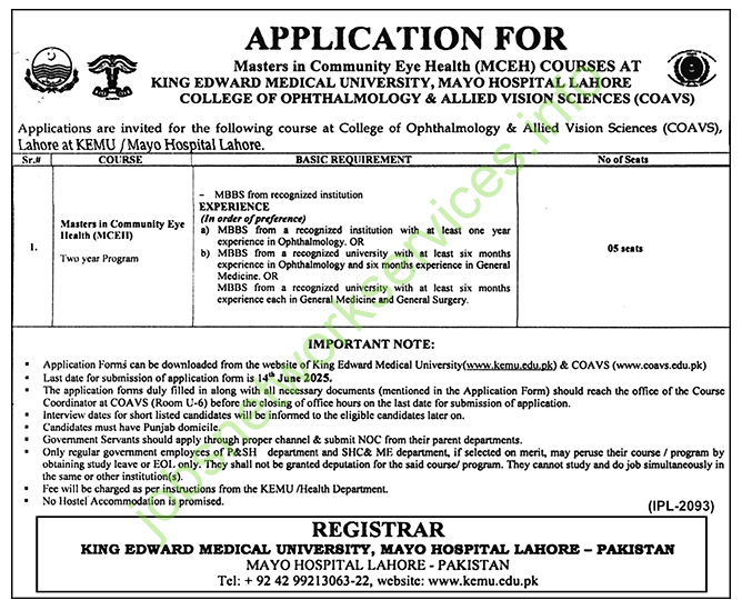 King Edward Medical University Mayo Hospital Lahore Jobs 2025