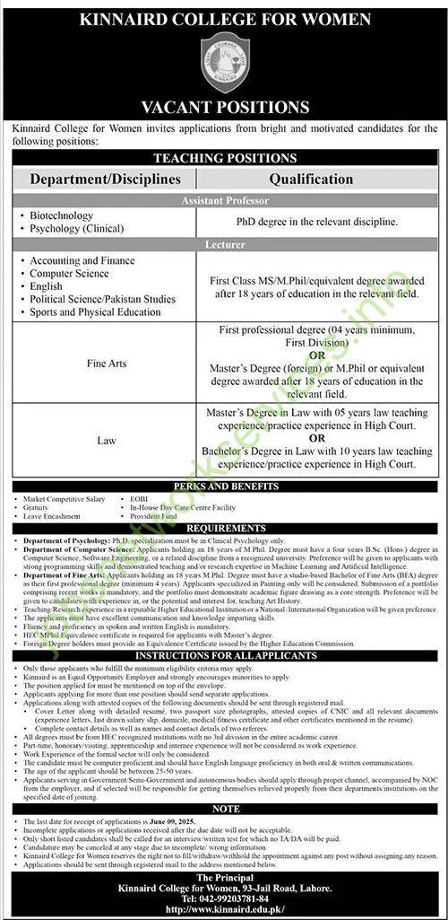 Kinnaird College for Women Lahore Jobs 2025