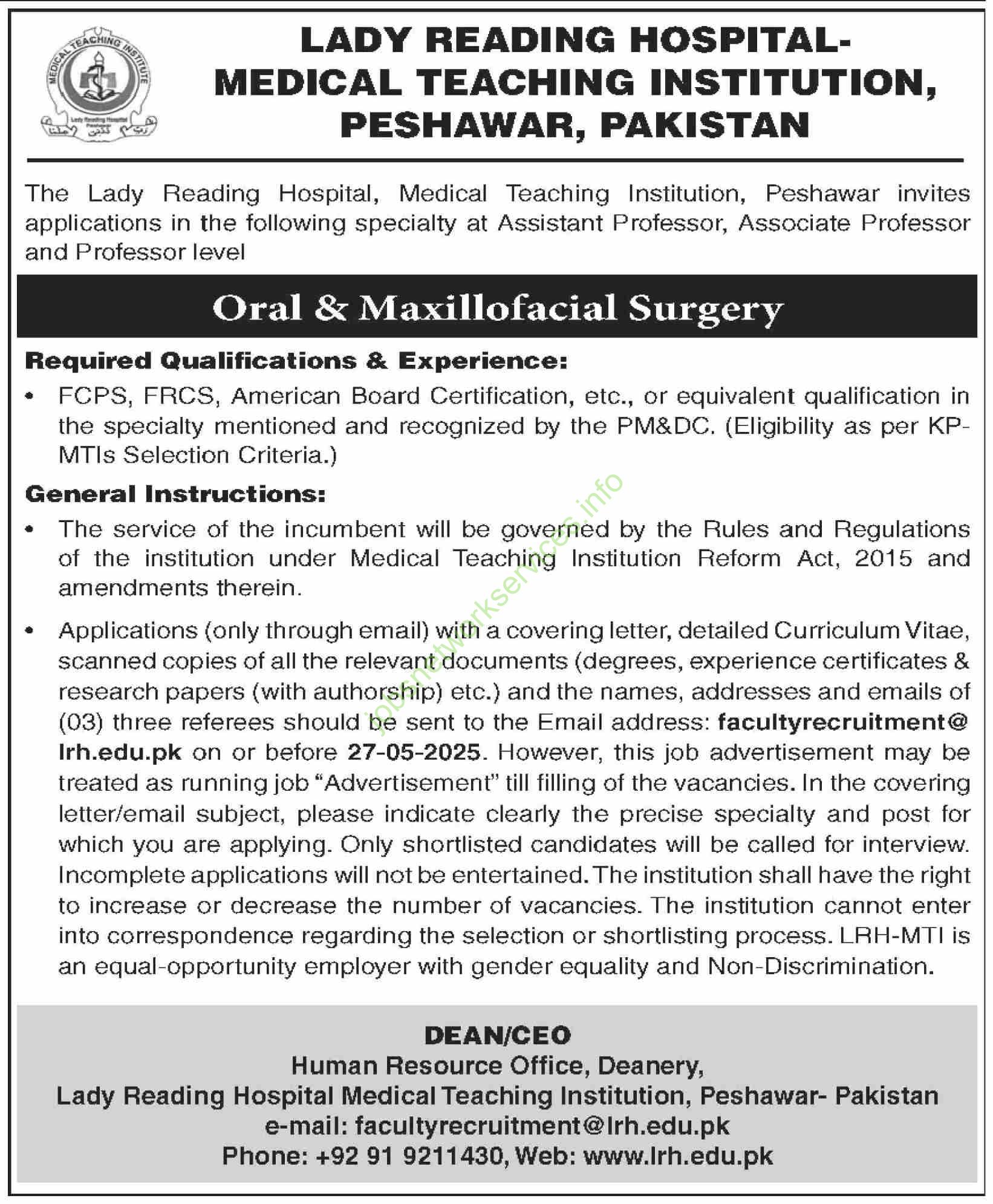 Career Opportunity at Lady Reading Hospital-Medical Teaching Institution (LRH-MTI), Peshawar