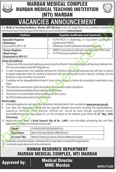 MDC Mardan Medical Teaching Institution MTI Mardan Jobs 2025