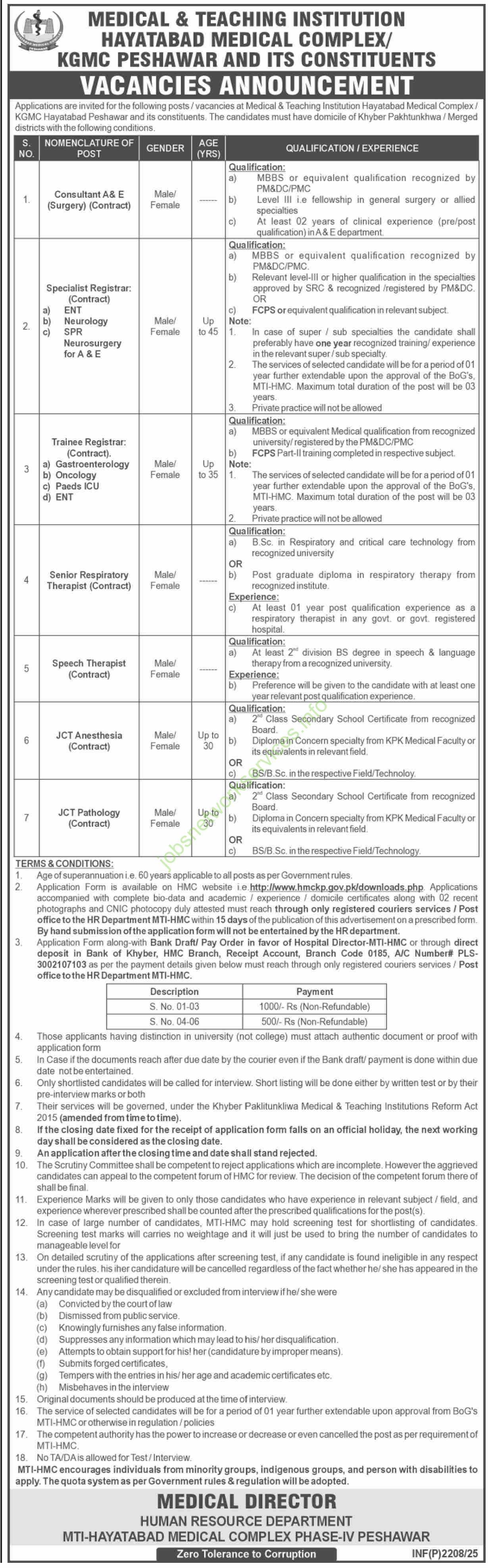 MTI/HMC/KGMC Peshawar Jobs 2025 Apply Online
