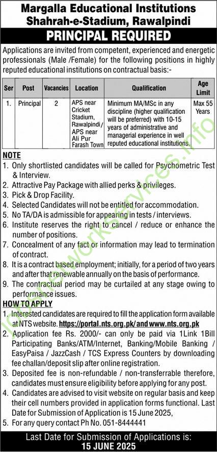 Margalla Educational Institutions Shahrah-e-Stadium Rawalpindi Jobs 2025