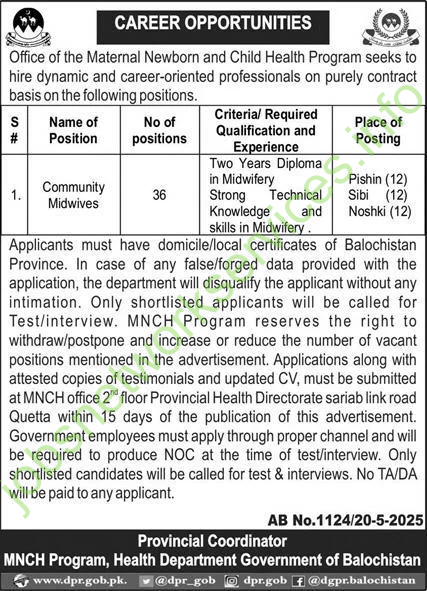 Maternal Newborn and Child Health Program Balochistan Jobs 2025